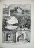 Original Old Antique Print 1888 Pope Centenary Commemoration Twickenham Grotto
