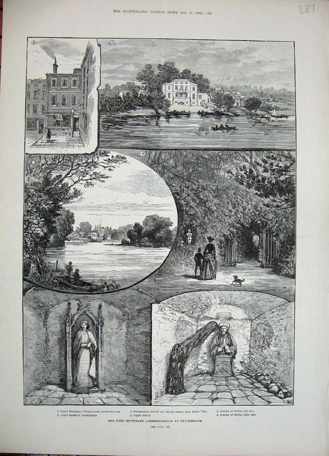 Original Old Antique Print 1888 Pope Centenary Commemoration Twickenham Grotto