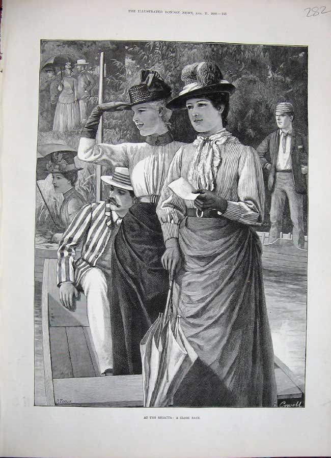 Old Antique Print 1888 Regatta Boat Race Ladies Man River Umbrellas Art 19th