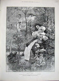 Old Antique Print 1888 Forestier Fine Art Robin Man Woman Romance Garden 19th