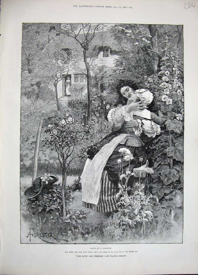 Old Antique Print 1888 Forestier Fine Art Robin Man Woman Romance Garden 19th