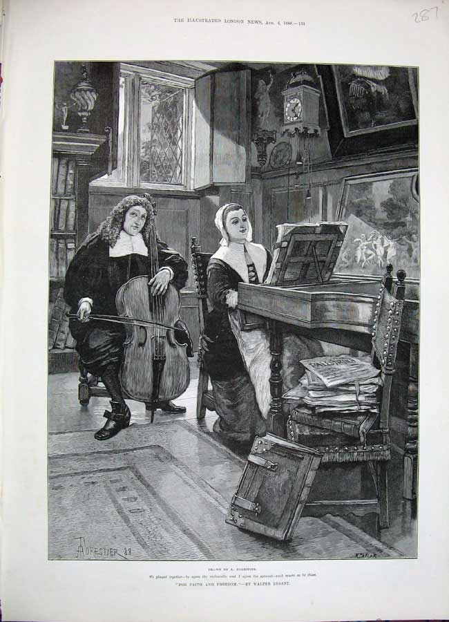 Old Antique Print 1888 Forestier Fine Art Man Woman Music Spinnet Cello 19th