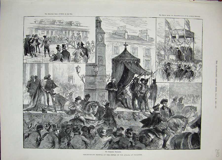 Old Antique Print 1888 Tercentenary Festival Defeat Armada Plymouth Art 19th