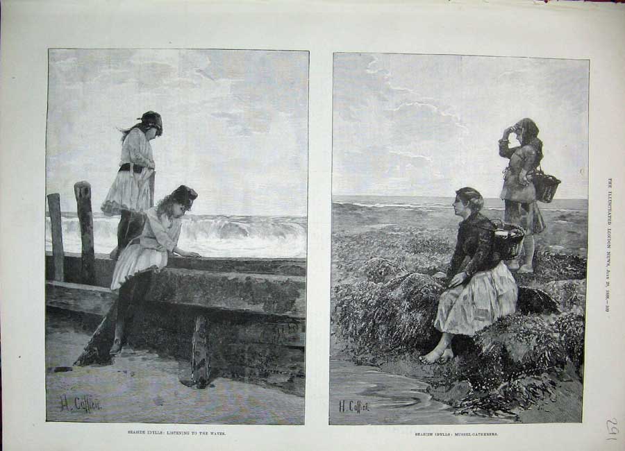 Old Antique Print 1888 Seaside Children Mussel Gatherers Beach Fine Art 19th