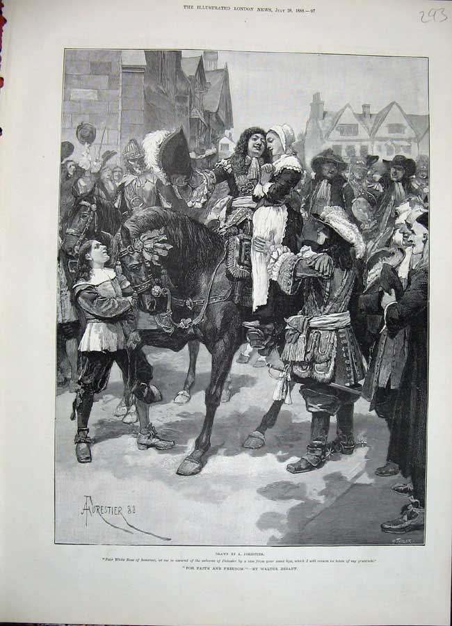 Original Old Antique Print 1888 Forestier Fine Art Lady Man Horse Romance War