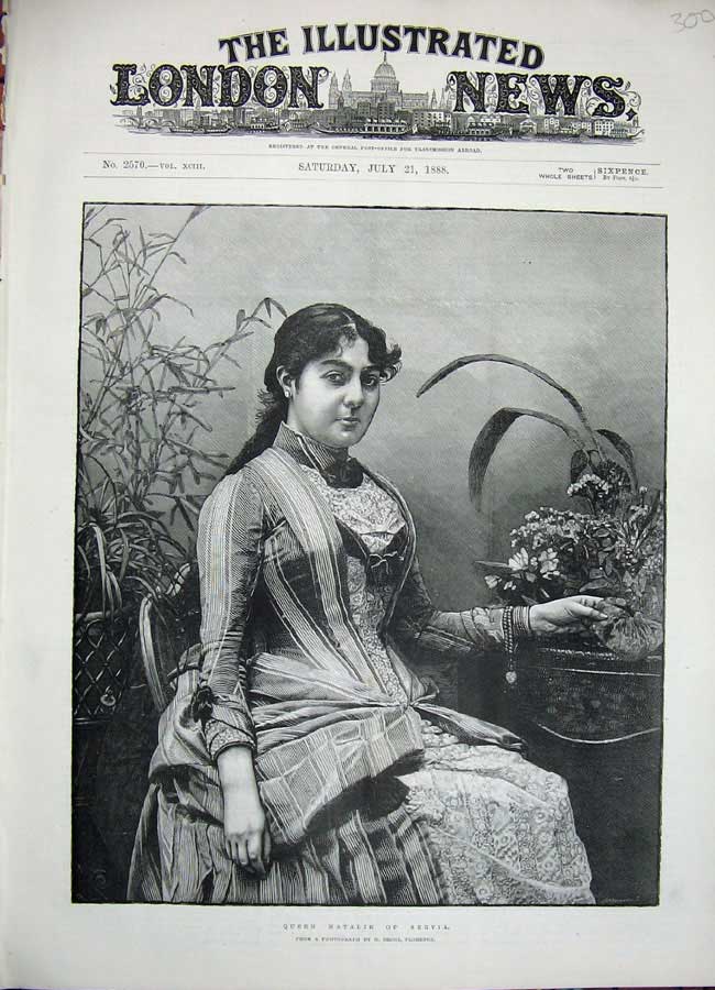 Original Old Antique Print 1888 Portrait Queen Natalie Servia Lady Art 19th