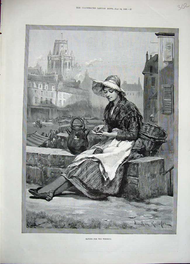 Original Old Antique Print 1888 Knowles Fine Art Lady Basket Counting Pennies