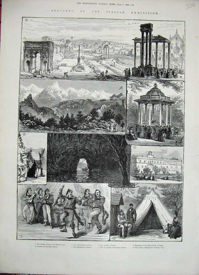 Original Old Antique Print 1888 Italian Exhibition Roman Forum Railway Grotto