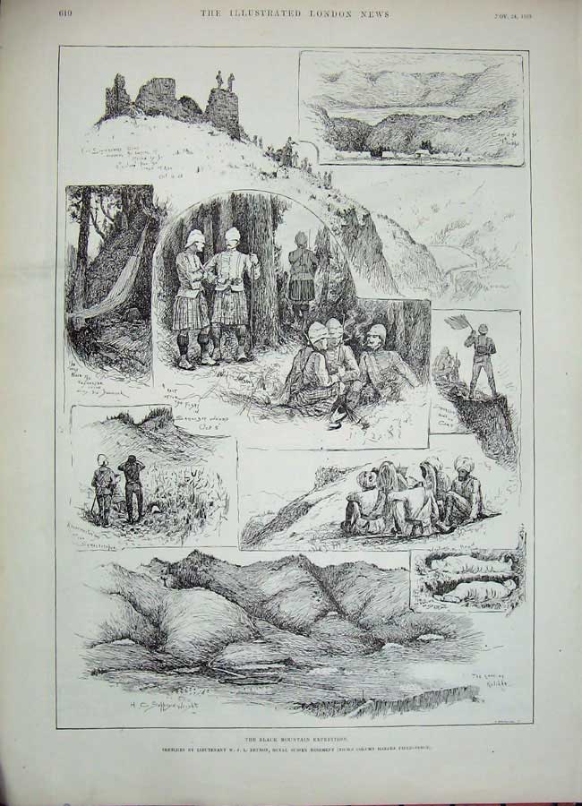 Old Antique Print 1888 Black Mountain Kotkai Punjaub Maidan War Infantry 19th