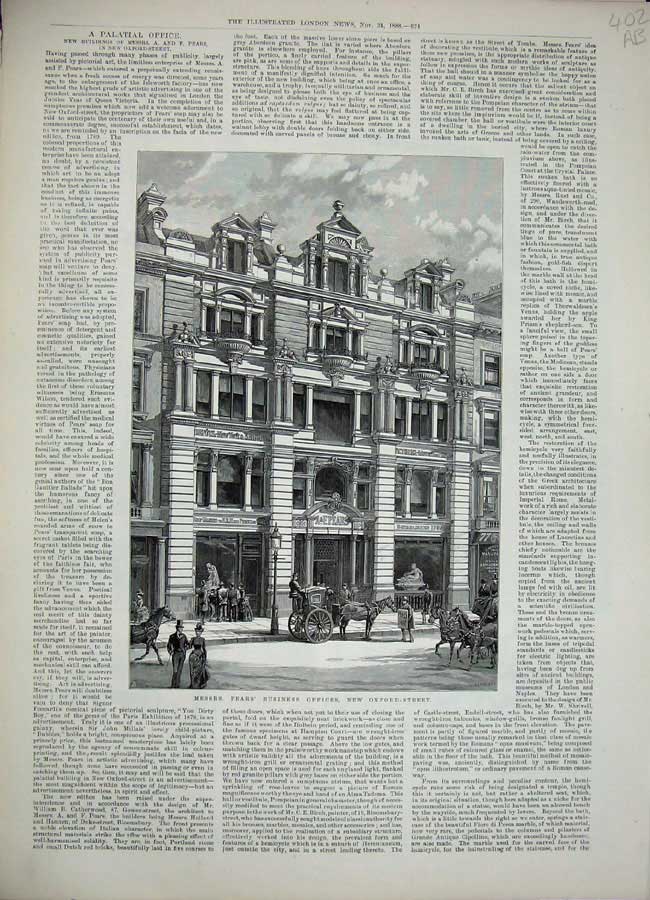 Old Antique Print 1888 Pears Business Office Oxford Street London Hall 19th