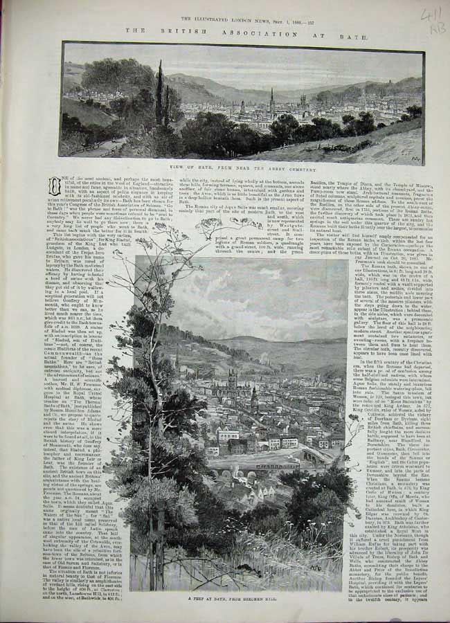 Original Old Antique Print 1888 Bath Abbey Cemetery Beechen Hill Roman Vaulted