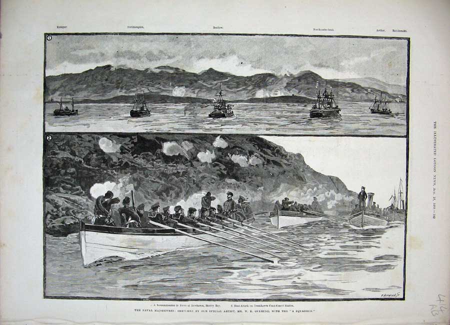 Old Antique Print 1888 Naval Manoeuvres Bantry Ship Invincible Hercules 19th