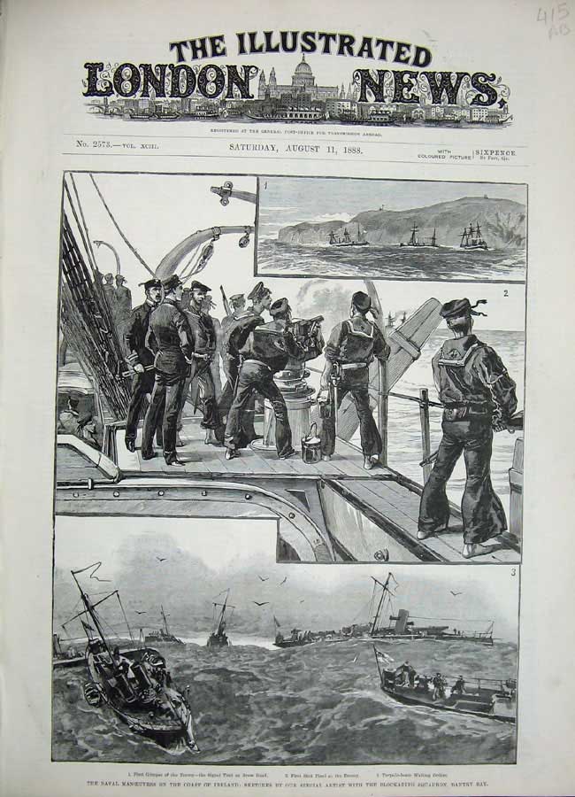 Old Antique Print 1888 Naval Manoeuvres Ireland Bantry War Torpedo Ship 19th