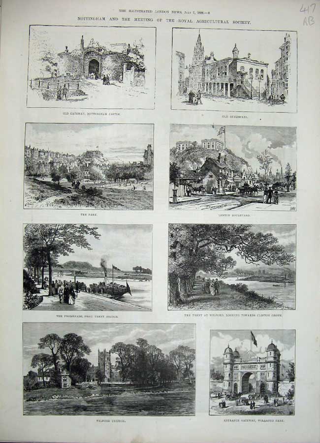 Old Antique Print 1888 Nottingham Wilford Church Wollaton Trent Bridge 19th