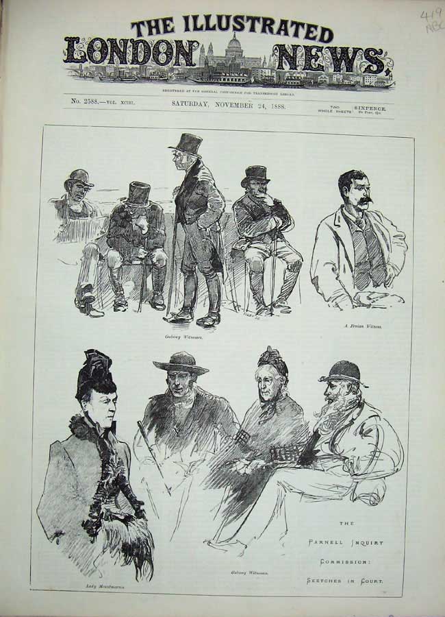 Original Old Antique Print 1888 Parnell Inquiry Court Harris Rafferty Kerrigan