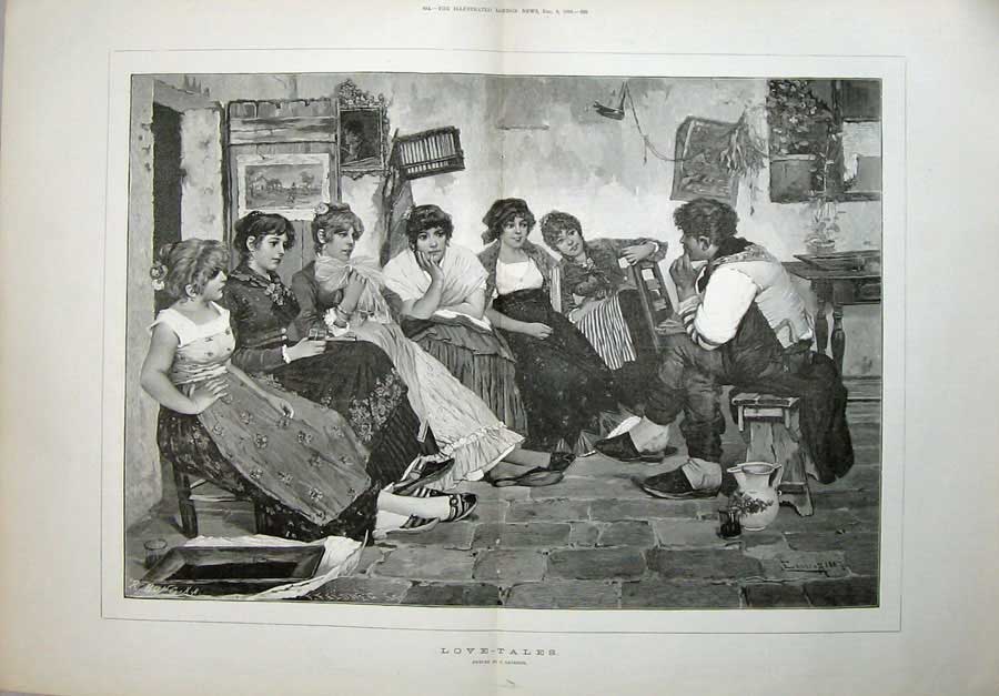 Original Old Antique Print 1888 Fine Art Ladies Women Man Romance Laurenti