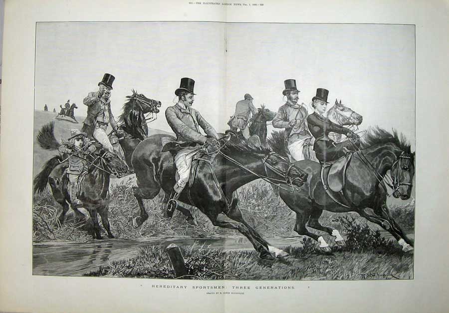 Old Antique Print 1888 Sportsmen Horses Hunting Young Boy Men Woodville 19th