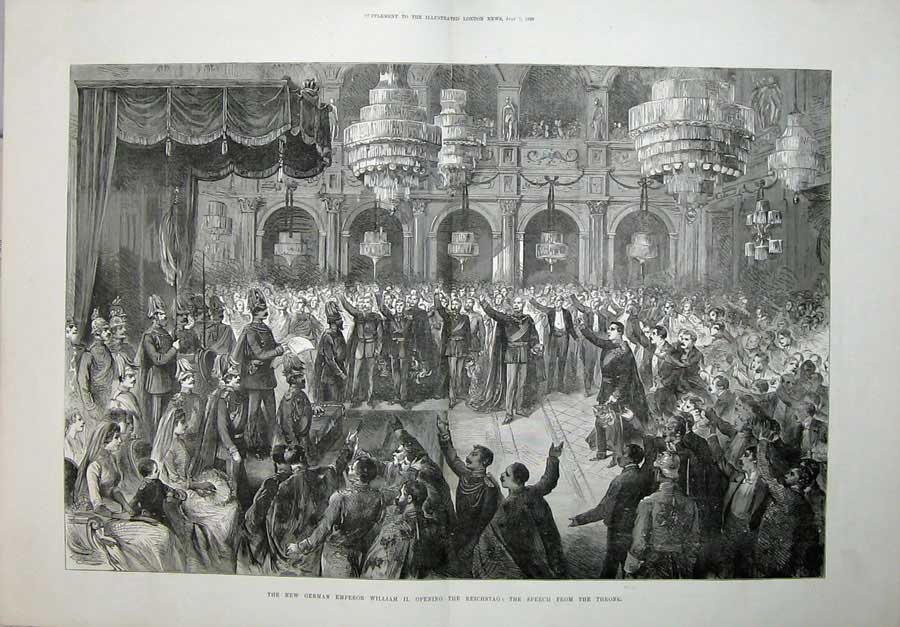 Original Old Antique Print 1888 German Emperor William Reichstag Speech Throne