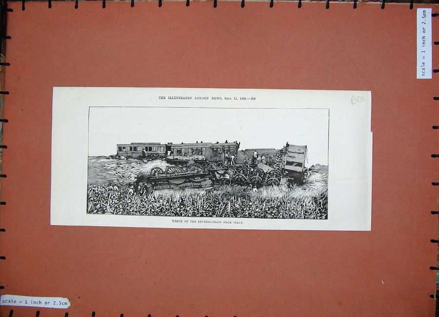Original Old Antique Print 1888 Wreck Express Train Railway Italy Victorian