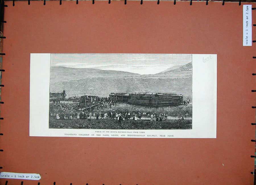 Original Old Antique Print 1888 Wreck Geneva Express Train Paris Railway Crash
