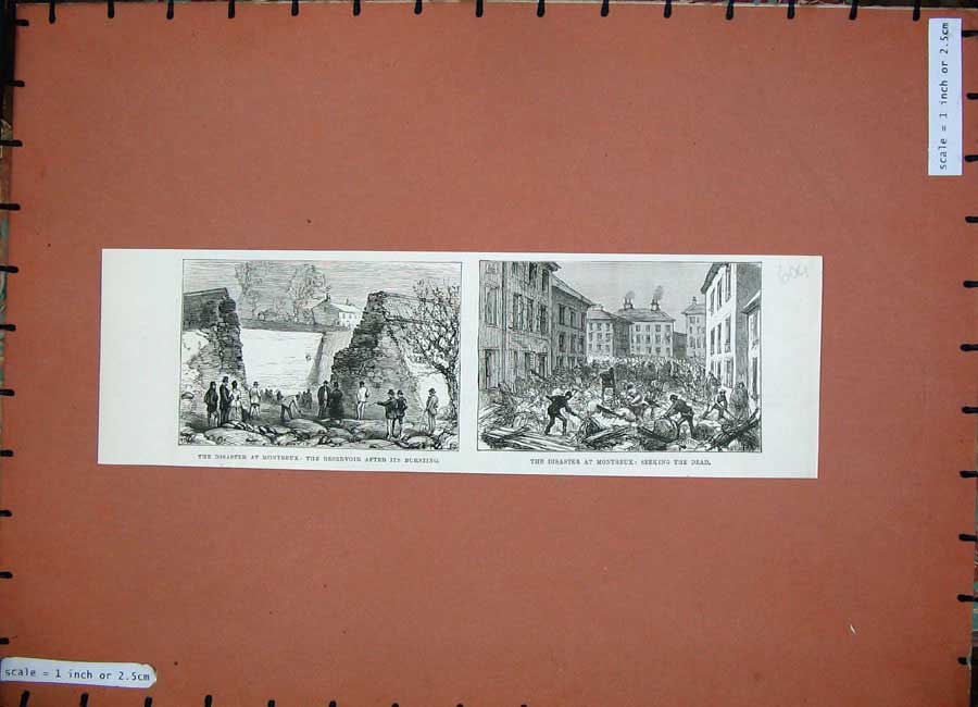 Original Old Antique Print 1888 Montreux Resevoir Flood People Buildings 19th
