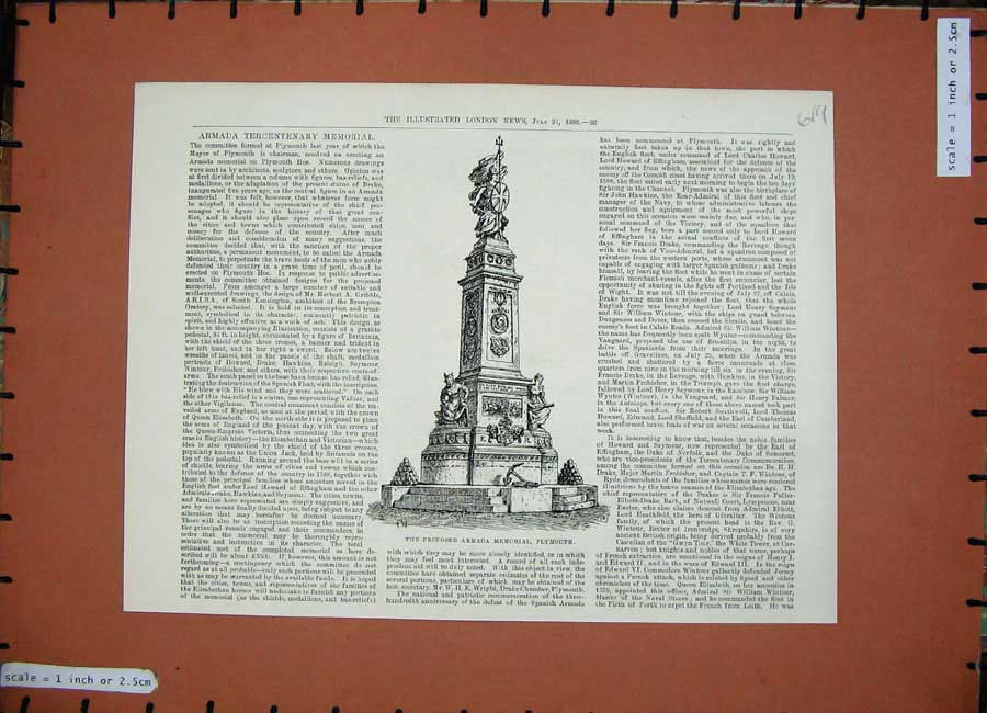 Original Old Antique Print 1888 Proposed Armada Memorial Plymouth Statue 19th