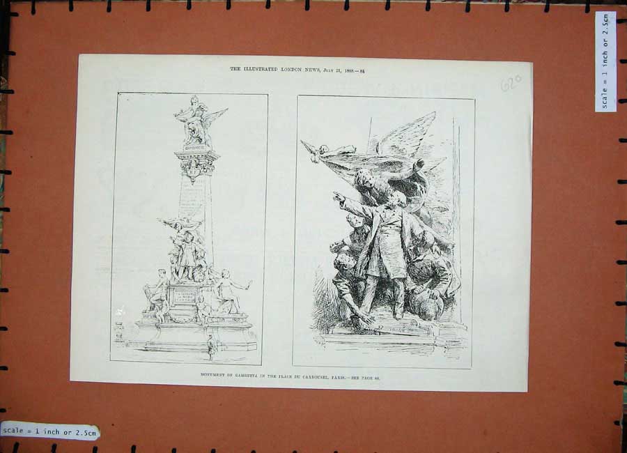 Old Antique Print 1888 Monument Gambetta Place Du Carrousel Paris France 19th
