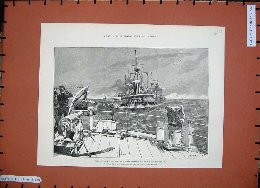 Original Old Antique Print 1888 Naval Manoeuvres Longships War Sea Sketch 19th