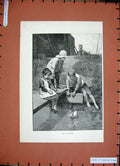 Original Old Antique Print 1888 Fine Art Little Children Playing Boat River