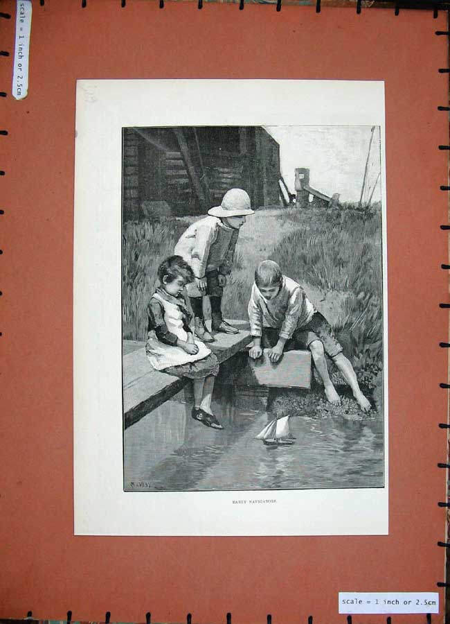 Original Old Antique Print 1888 Fine Art Little Children Playing Boat River