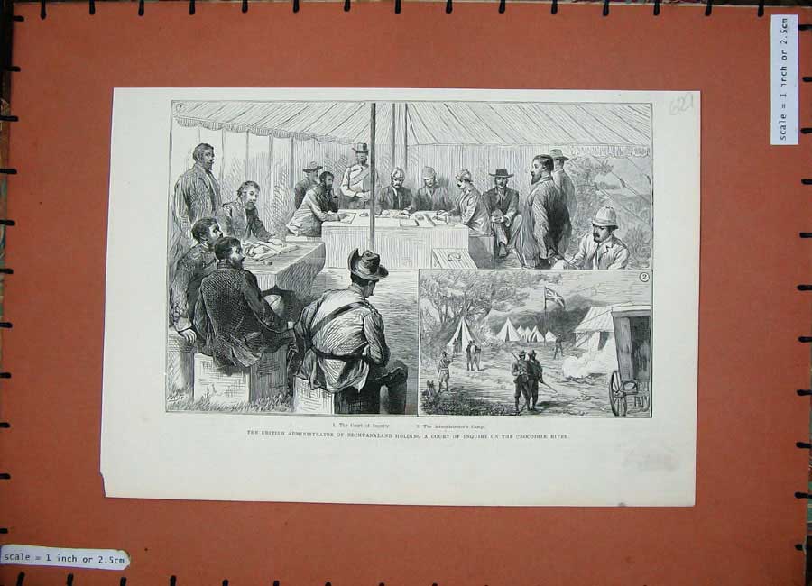 Original Old Antique Print 1888 British Bechuanaland Crocodile River Camp Court