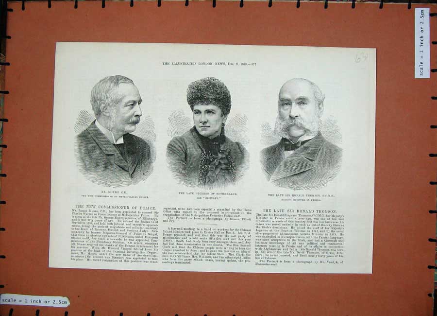 Original Old Antique Print 1888 Monro Police Duchess Sutherland Ronald Thomson
