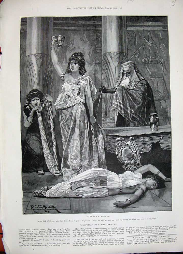 Original Old Antique Print 1889 Woddville Fine Art Death Cleopatra Harp Church