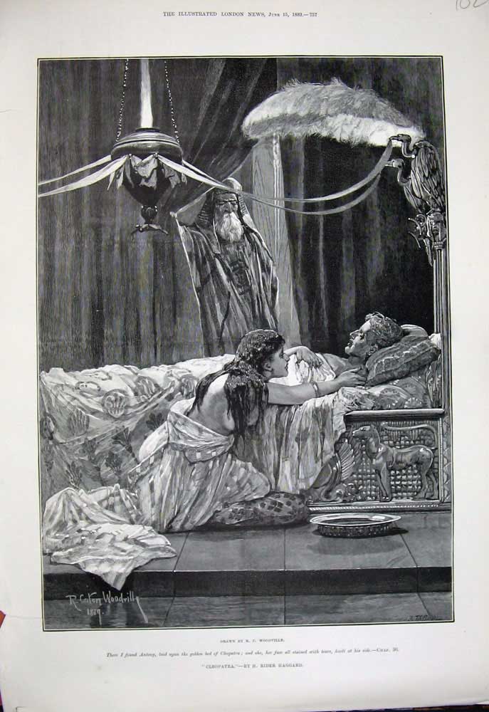 Original Old Antique Print 1889 Woodville Fine Art Cleopatra Antony Bed Scene