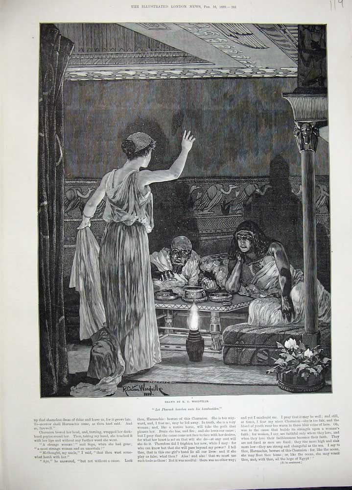 Original Old Antique Print 1889 Woodville Fine Art Cleopatra Pharaoh Handmaiden