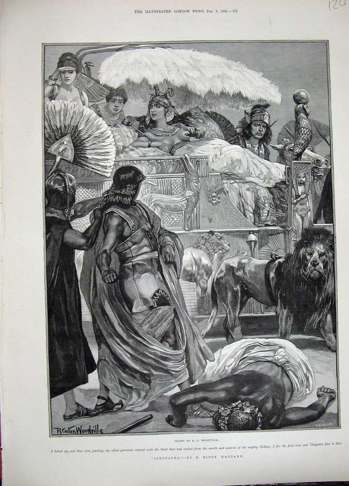 Old Antique Print 1889 Woodville Fine Art Cleopatra Nubian Lion Roman Men 19th