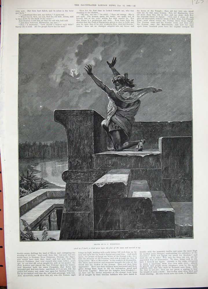 Original Old Antique Print 1889 Woodville Fine Art Man Praying Stars Moon Roman