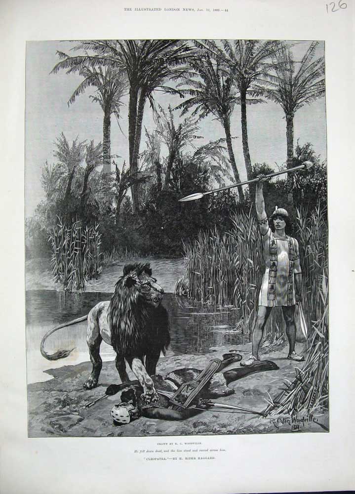Old Antique Print 1889 Woodville Fine Art Cleopatra Lion Man Weapon Roman 19th