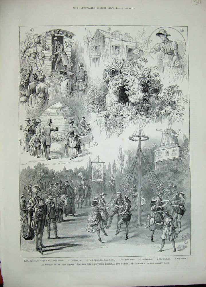 Old Antique Print 1889 Al Fresco Fayre Floral Fete Albert Hall Hospital 19th