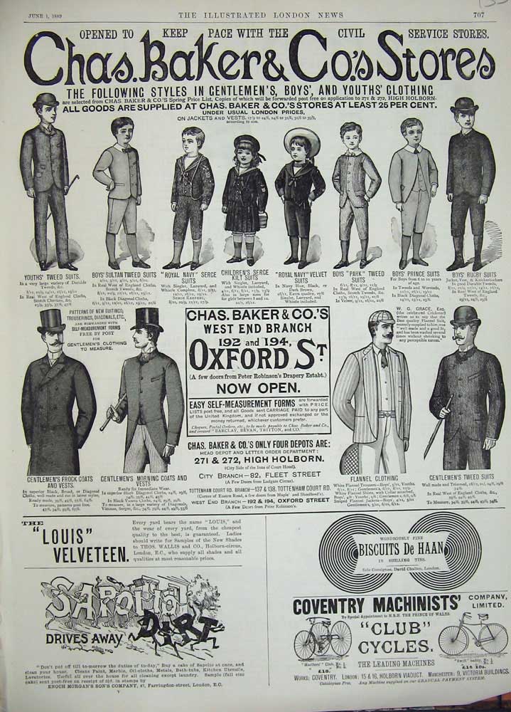 Original Old Antique Print 1889 Advertisement Baker Clothing Cycles Velveteen