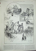 Old Antique Print 1889 Sketches Sussex Chiddingly Hall Oat Alfriston Town 19th