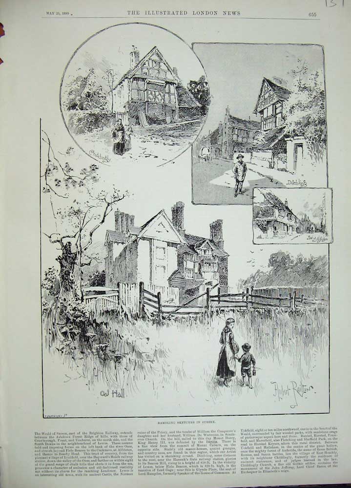 Old Antique Print 1889 Sketches Sussex Chiddingly Hall Oat Alfriston Town 19th