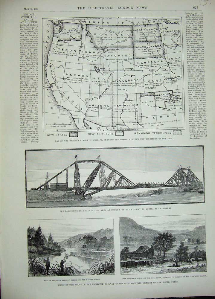 Old Antique Print 1889 Landsdowne Bridge Railway Sukkur Map America River 19th