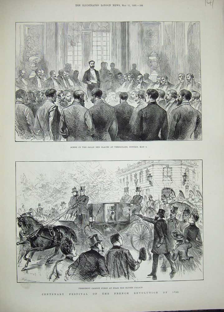 Old Antique Print 1889Salle Glaces Versailles France Elysee Palace Carnot 19th