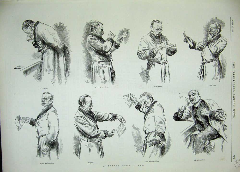 Original Old Antique Print 1889 Sketches Man Opening Letter Smoking Cigar Dun