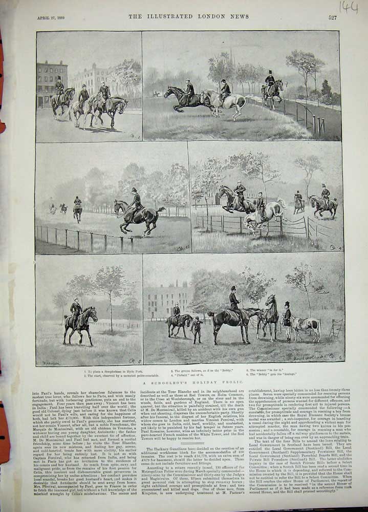 Original Old Antique Print 1889 Hyde Park London Steeplechase Horses Sport Boys
