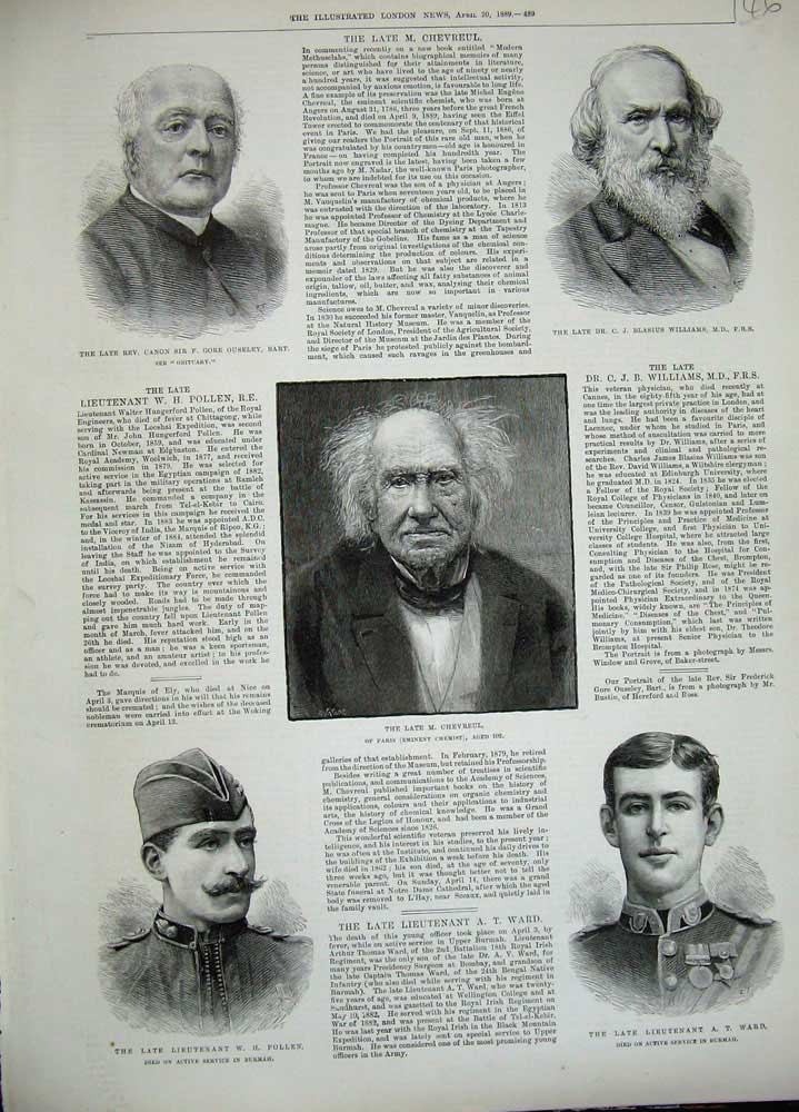 Old Antique Print 1889 Chevreul Ouseley Williams Ward Pollen War Army Men 19th