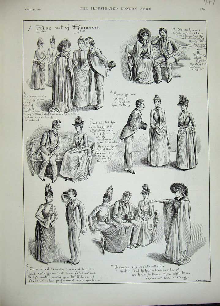 Original Old Antique Print 1889 Sketches Men Women Romance Story 19th