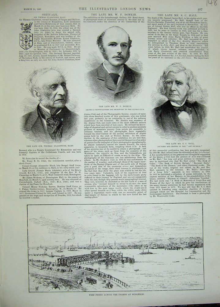 Original Old Antique Print 1889 Donkin Gladstone Hall Ferry River Thames London