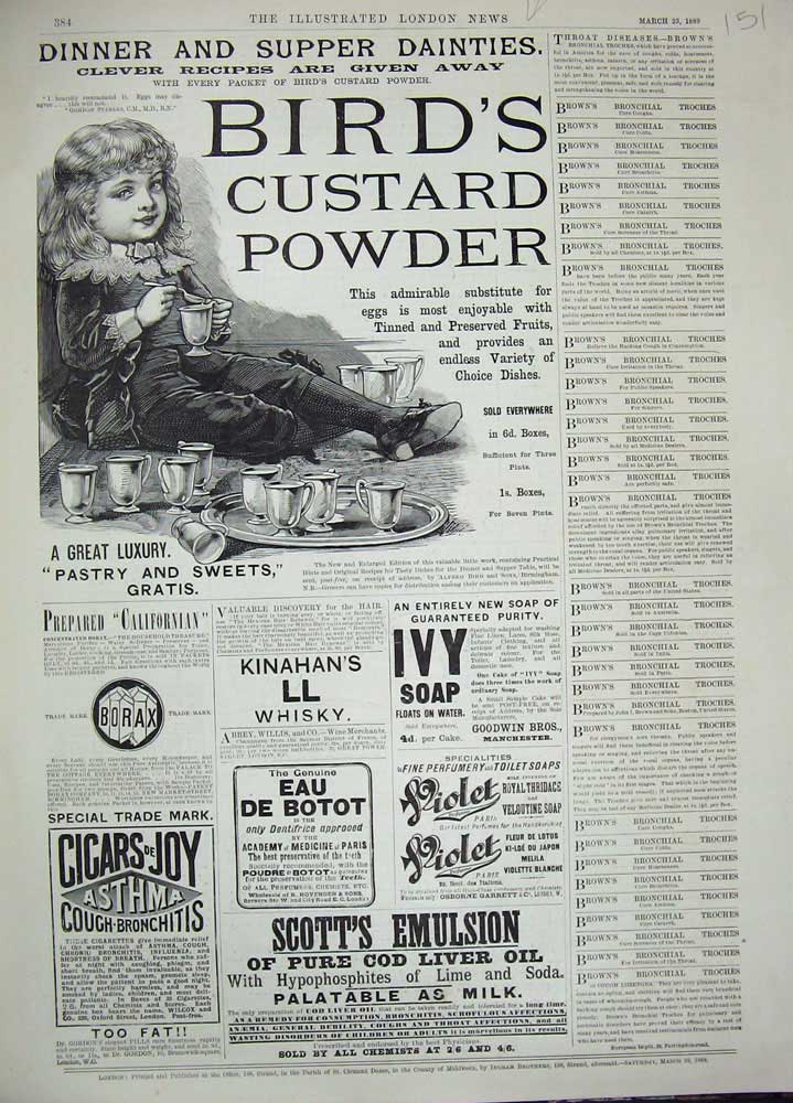 Original Old Antique Print 1889 Advertisement Birds Custard Powder Soap Whisky